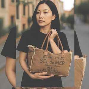 Myra Sel de Mar Canvas Upcycled Weekender Tote Bag Tan/Brown leather accent EUC!